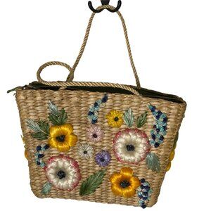 Vintage Handmade Straw Tote  Floral Embroidered Woven Bag Rope Handle Zipper 70s